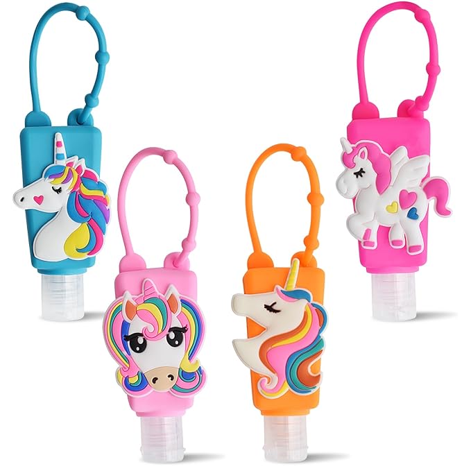 Refillable Travel Bottles Containers, 4 Pack Hand Sanitizer Travel Size Holder with Empty Silicone Bottles Case Keychain Carrier, Leak Proof Portable Bottle for Liquid Soap, Lotion (Unicorn)