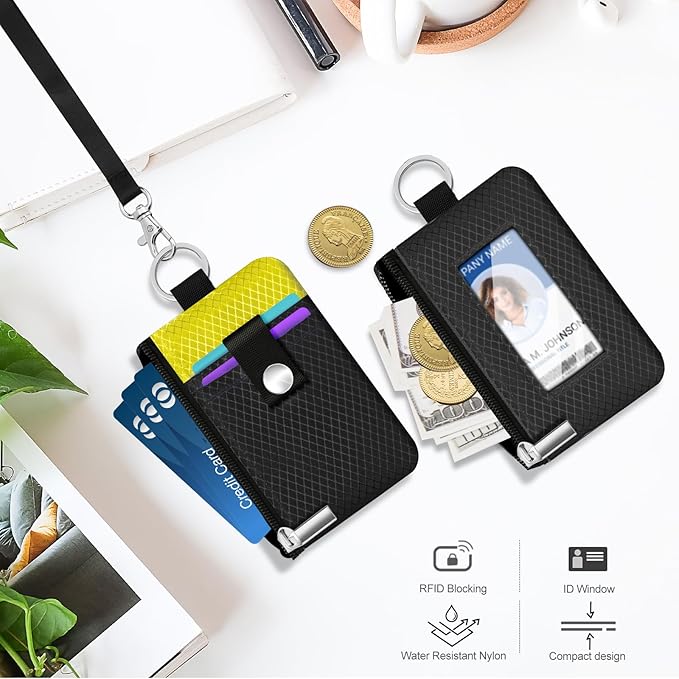 Minimalist RFID Blocking Small Wallet with ID Window,WaterResistant Zip Id Case Wallet with Lanyard Keychain for Cards,Cash,Travel,Women,Men (Black/Lemon Yellow)