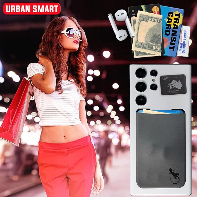 Phone Wallet - Adhesive Card Holder - Cell Phone Pouch - Stick on Lycra Pocket by Gecko - Carry Credit Cards and Cash