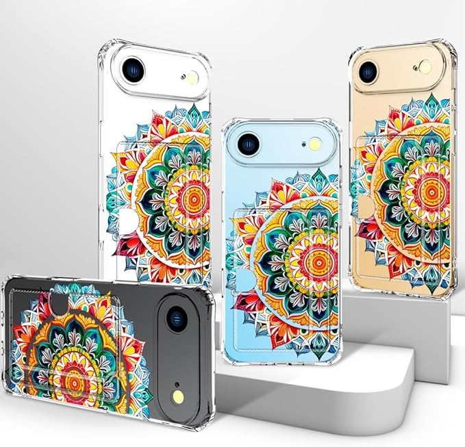 Compatible with iPhone 17 Air Case Card Holder for Women Cute Design,Wallet Phone Cases Transparent Cool Kawaii Protective (Clear Mandala Henna Flower)