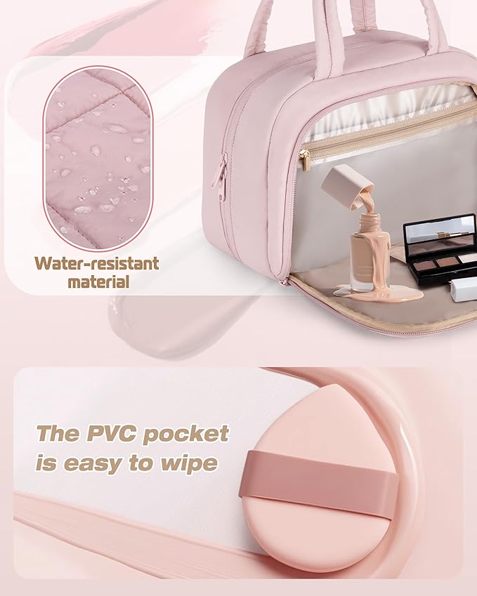 Marscamd Travel Makeup Bag for Women, Puffy Cosmetics & Toiletry Organizer with Leakproof Pockets for Travel-Size Shampoo, Conditioner, Brushes & Essentials - Medium Size, Pink (Bag Only)