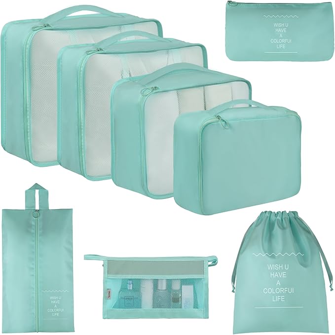 Vercord 8 Set Travel Packing Pods Luggage Organizers Cubes with Laundry Bags Accessories