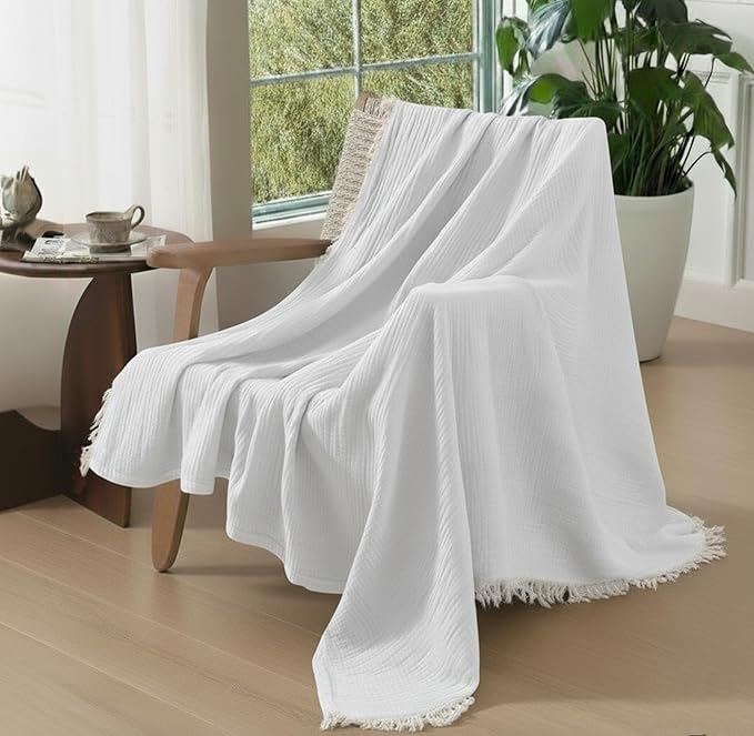 KyraHome 100% Cotton Blanket 60"x80" Large Muslin Throw Blankets for Adults, Couch, Picnic, Travel, Plant Dyed Pre-Washed Breathable Lightweight Soft Gauze Blanket, All Season, White