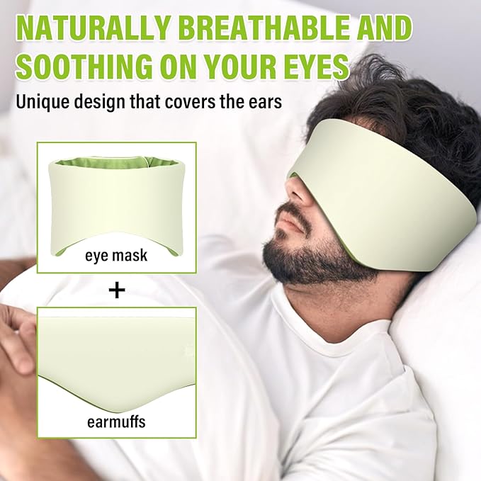 Sleep Mask, Eye Mask for Sleeping with Heads Adjustable, Earmuffs for Sleep for Men & Women, 2 in 1 Ear Mask and Blindfold, Soft Dual-Sided All-Season Eye Cover for Side Sleepers (Green)