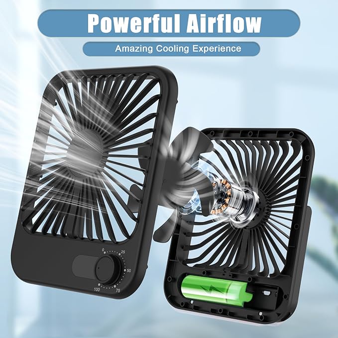 Small Desk Fan, 100 Speeds Personal Fan Portable Rechargeable with Battery Powered, 180°Tilt Adjustable Quiet Bedroom Fan, Home Beach Camping Travel Office Desk Accessories, Black