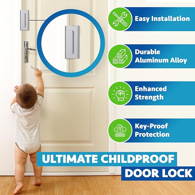 Dwell+Good Door Reinforcement Lock (2-Pack) - DIY Nickel Home Security Door Lock for Front Door - Security Locks for Doors Inside | Child Proof Door Lock for Kids Safety - Withstand 800 LB of Force