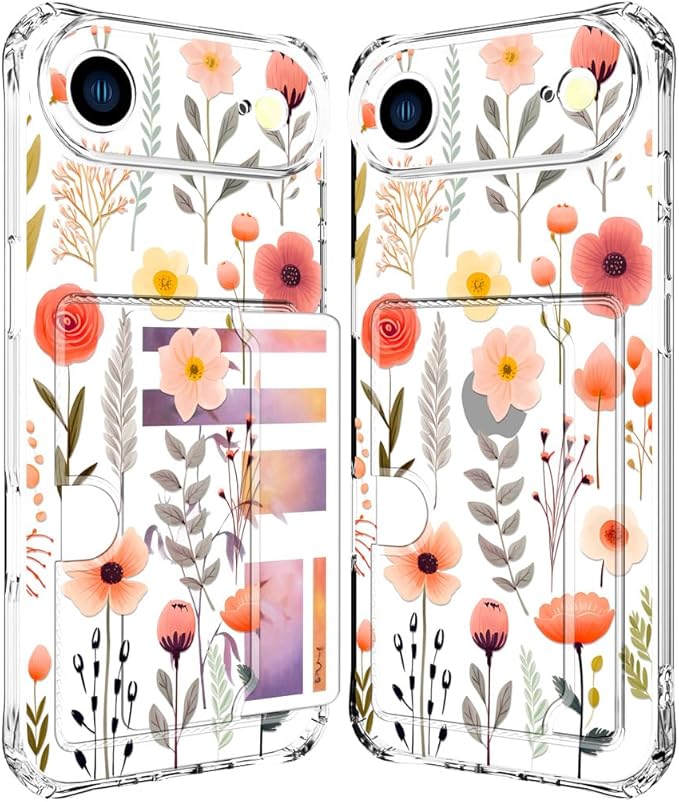 Compatible with iPhone 17 Air Case Card Holder for Women Cute Design,Wallet Phone Cases Transparent Cool Kawaii Protective (Clear Flowers Leaves)