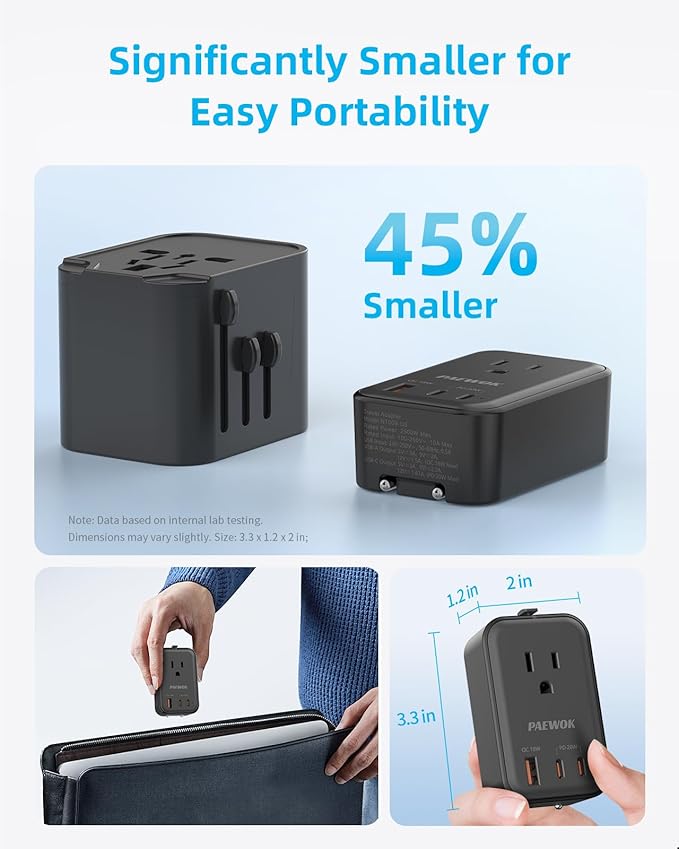 PAEWOK Travel Adapter PD 20W, Mini Universal Travel Adapter with 1 AC Outlet and USB Fast Charging, Ultra Thin International Plug Adaptor for US to European UK Italy Spain New Zealand (Type C G A I)