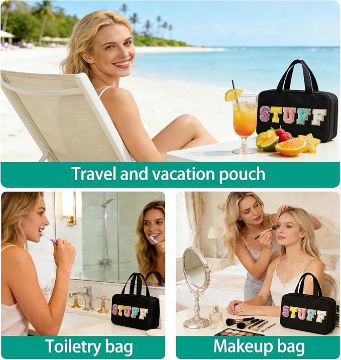 Toiletry Bag for Women Chenille Letter Makeup Bag Water-resistant Cosmetic Bag Travel Bag with Hanging Hook Preppy for Store Toiletries Cosmetic Accessories Medium Black