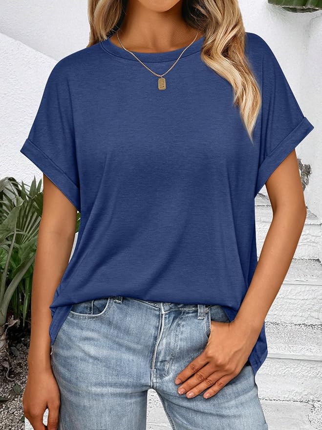 AUTOMET Women's Oversized Short Sleeve T Shirts Casual Drop Shoulder Rolled Cuff Summer Tops for Work, Travel and Lounge
