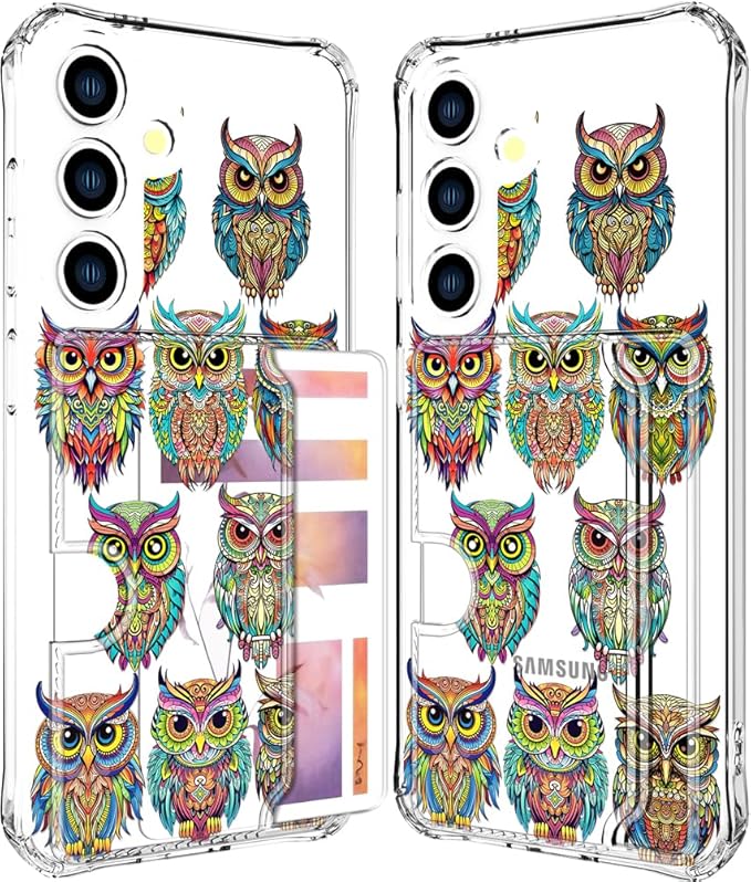 Compatible with Samsung Galaxy S24+ Plus / S25+ Plus Case Card Holder for Women Cute Design,Wallet Phone Cases Transparent Cool Kawaii Protective (Clear Colorful Owls Cartoon)