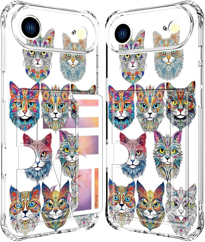 Compatible with iPhone 17 Air Case Card Holder for Women Cute Design,Wallet Phone Cases Transparent Cool Kawaii Protective (Clear Tattoo Cats Animal)
