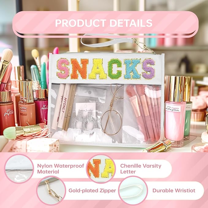 Siwara Snack Bags Clear Pouch Travel Makeup Bag Chenille Letter Bags for Zipper Pouch Clear Cosmetic Bag Clearly Tote Bag Makeup Travel Bags for Women
