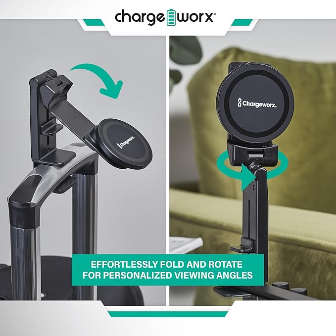 CHARGEWORX Magnetic Phone Holder for Airplane, Foldable Travel Mount with Clamp and 360 Rotation, MagSafe Compatible iPhone 17 Pro Max and Android, Portable Hands Free Desk and Car Mount