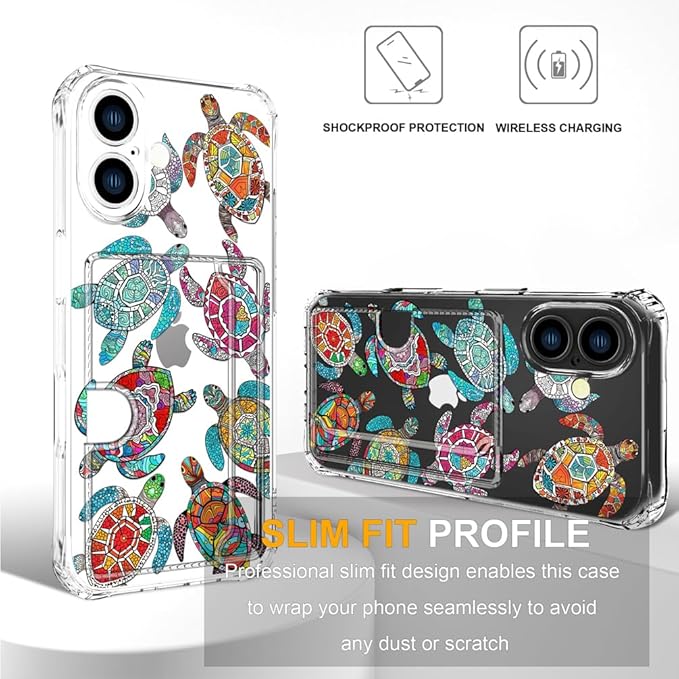 Compatible with iPhone 16 Plus Case Card Holder for Women Cute Design,Wallet Phone Cases Transparent Cool Kawaii Protective (Clear Sea Turtles Animal Tribal)