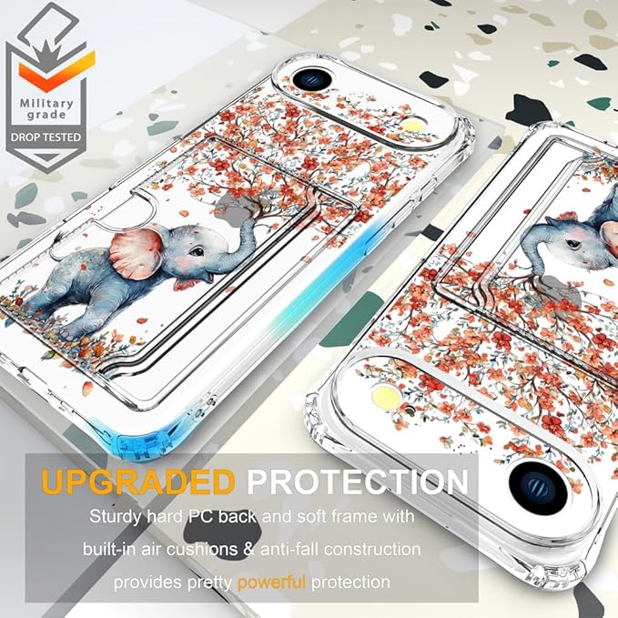Compatible with iPhone 17 Air Case Card Holder for Women Cute Design,Wallet Phone Cases Transparent Cool Kawaii Protective (Clear Elephant Creating Flowers)