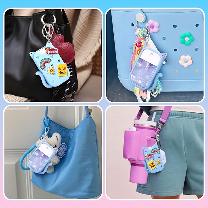 Juome Silicone Case for Touchland Hand Sanitizer Spray with Keychain & Charms, Cat Protective Holder Compatible with Touchland Power Mist & Glow Mist 1 FL Oz/30ML,Travel Cover Sleeve Accessory (Blue)