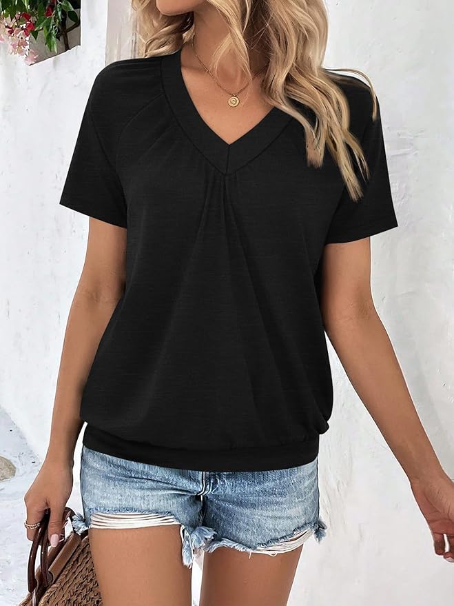 AUTOMET Womens Tops Short Sleeve V Neck T Shirts 2026 Summer Spring Beach Vacation Clothes Casual Loose Ruched Top