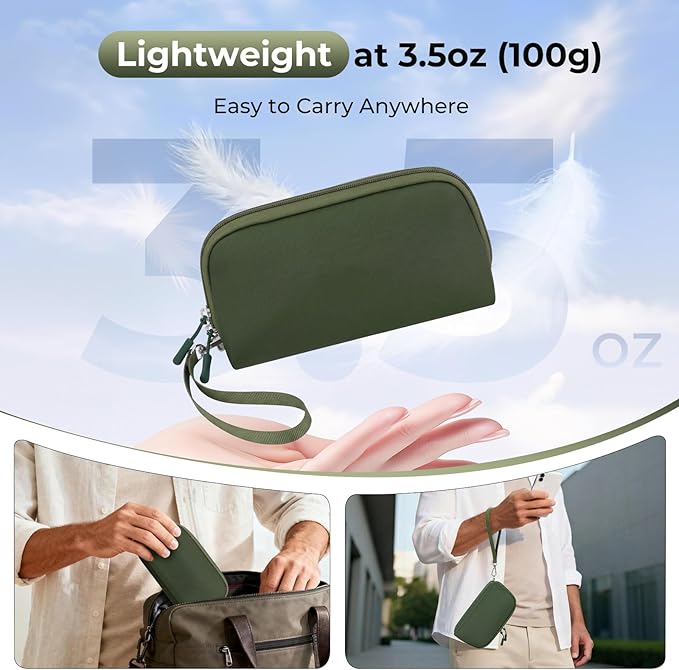 FYY Travel Cable Organizer - 8 Compartments Lightweight Water Resistant Tech Pouch with Wrist Strap, Portable Electronic Accessories Case for Cord Charger Storage for Travel Home Office, Green (Small)