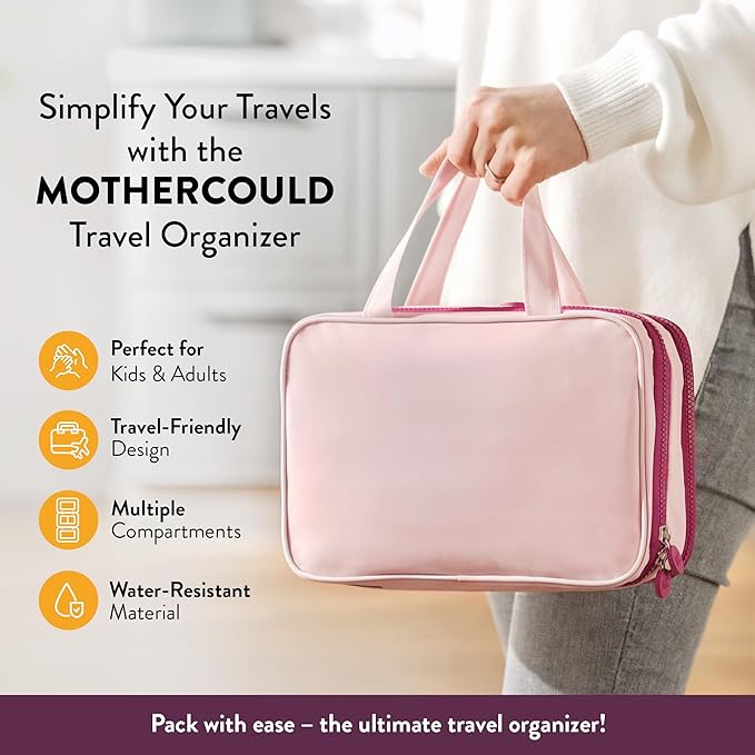 Kids Travel Organizer – Multi-Compartment, Water-Resistant Hanging Bag for Toys, Snacks, & Activities - Compact, Lightweight Design with Hook & Carry Handle - Perfect for Travel Use (Pink, Small)