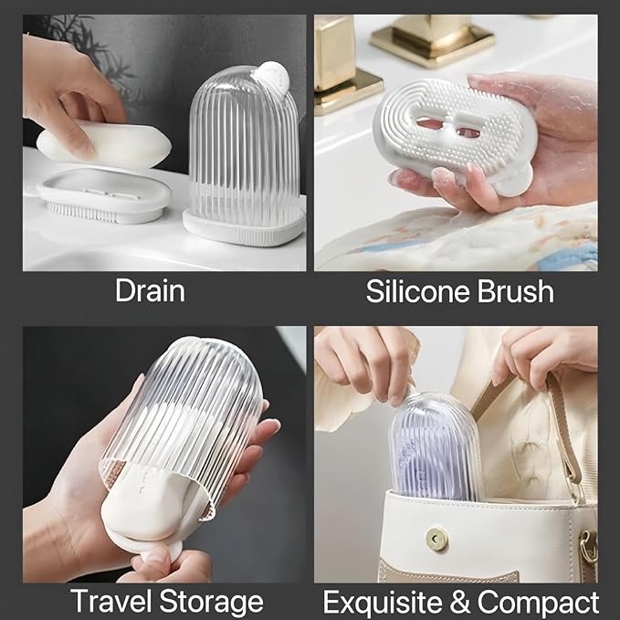 Travel Soap Case Container Leakproof Bar Soap Box with Lid Soap Holder with Draining Layer and Silicone Brush Portable Soap Dishes for Traveling Camping Gym Shower Outdoor (Pink)