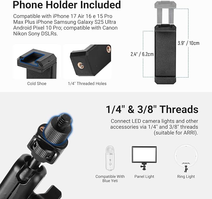 NEEWER Basics Magic Arm Table Stand, 55 cm Microphone Arm Overhead Mobile Phone Holder Desk with 1/4" 3/8" Threads for ARRI, for DSLR Action Cam Webcam Mic LED Light for Video Reinforcement, UA061