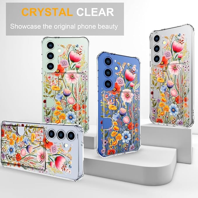 Compatible with Samsung Galaxy S24 / S25 Case Card Holder for Women Cute Design,Wallet Phone Cases Transparent Cool Kawaii Protective (Clear Flowers Lily Girly Florals)