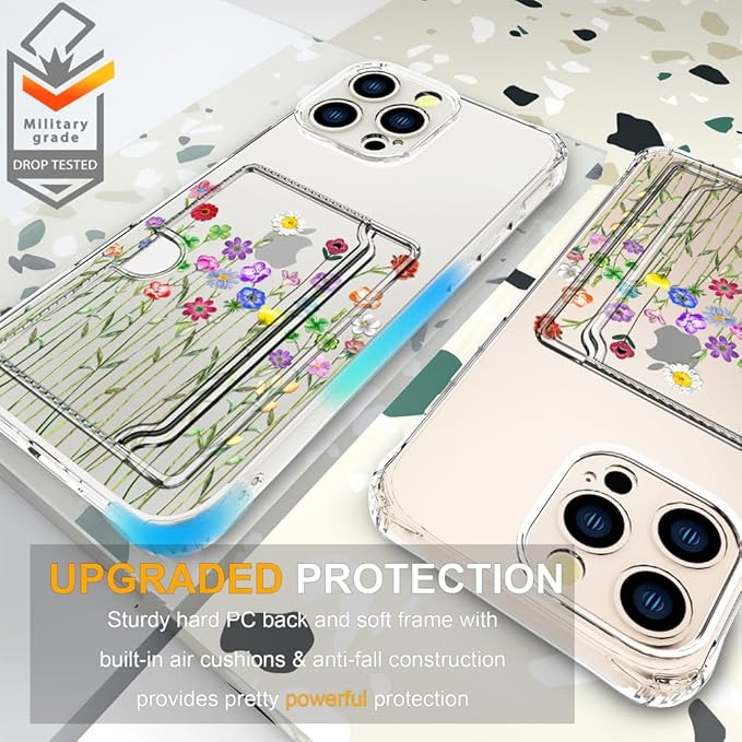 Compatible with iPhone 16 Pro Case Card Holder for Women Cute Design,Wallet Phone Cases Transparent Cool Kawaii Protective (Clear Flower Floral Bouquet)