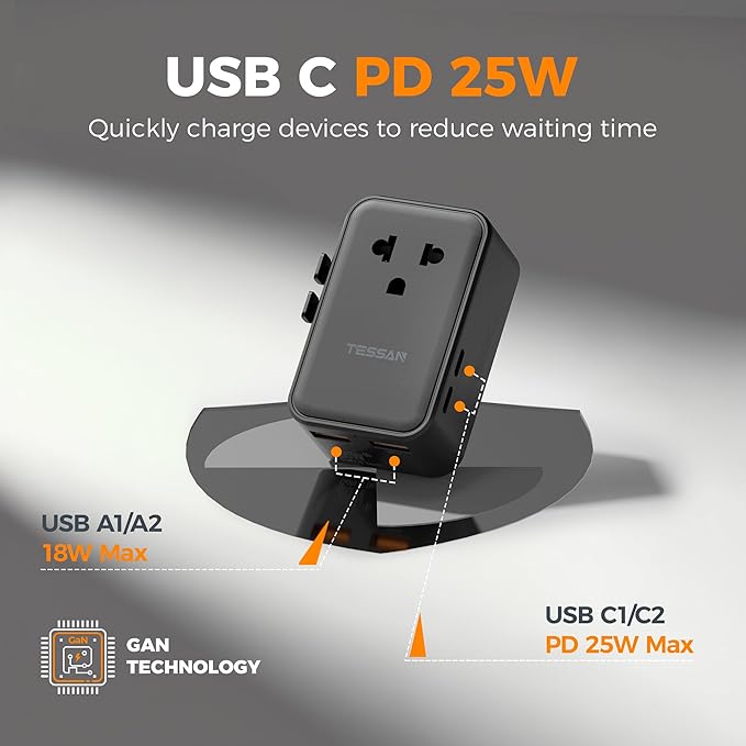 TESSAN International Power Adapter PD 25W, Ultra Thin Universal Travel Adapter, Worldwide Outlet Plug with 2 USB A 2 USB C for US to European UK Australia Ireland (Type C G A I) Black