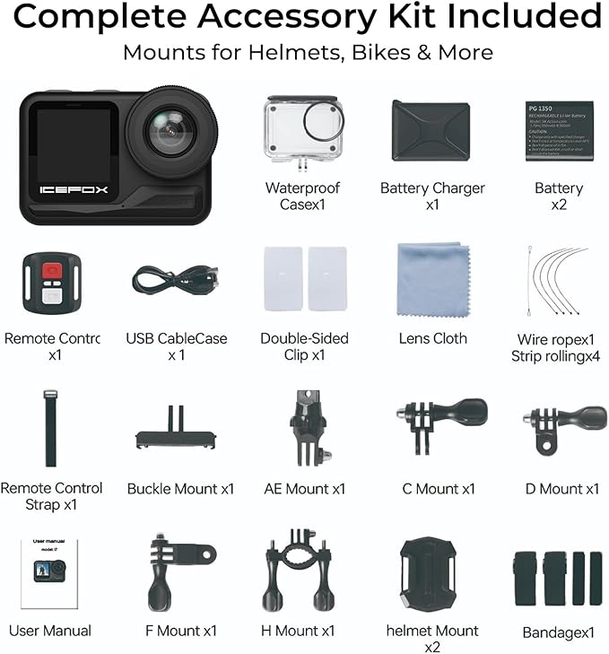 icefox Action Camera 4K 60FPS 20MP, Underwater with EIS,5XZoom,App Support Video&Photo Editing,Waterproof Camera WiFi Remote Control for Cycling, Swimming, and Diving