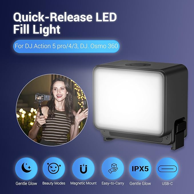 JJC Action 5 LED Light, Magnetic Auxiliary Fill Light for DJI Osmo Action 5 Pro 4 3 / Xtra Edge Pro Accessories, Rechargeable IPX5 Waterproof Mini Video Light, for Selfie Vlog Recording Lightweight