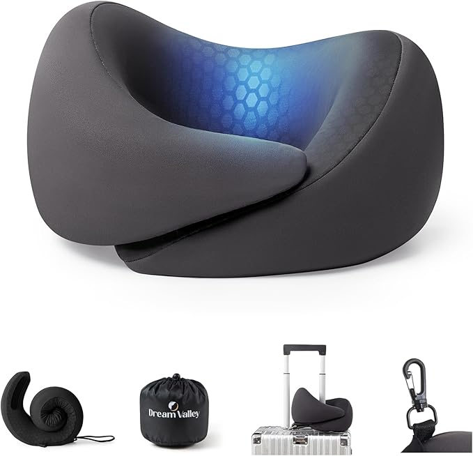 Dream Valley® Neck Travel Pillow, Memory Foam Travel Pillow for Airplane, Portable Roll-Up Neck Pillow with Cooling Inner Fabric, 360° Ergonomic Support, No Head Bobbing, Travel Bag Included