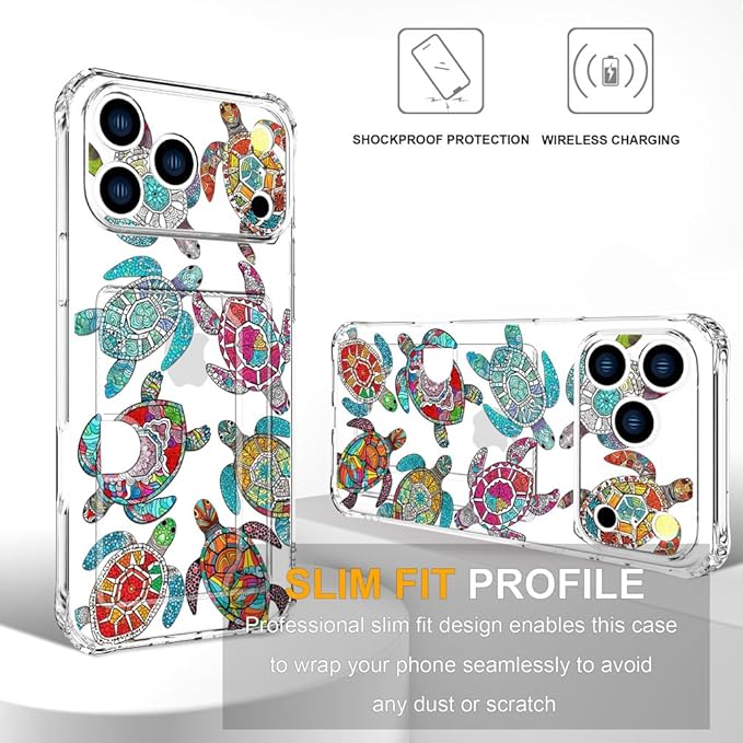 Compatible with iPhone 17 Pro Case Card Holder for Women Cute Design,Wallet Phone Cases Transparent Cool Kawaii Protective (Clear Sea Turtles Animal Tribal)
