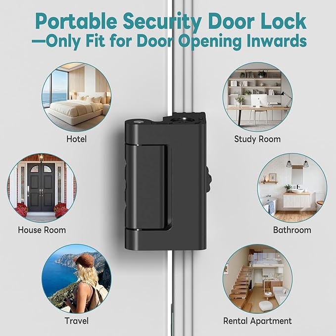 Upgraded Portable Security Door Reinforcement Lock - No Drilling Flip Lock Latch Prevents Unauthorized Entry Fits Inward-Opening Doors, Apartment, Hotel, Travel (Black-1 Pc)