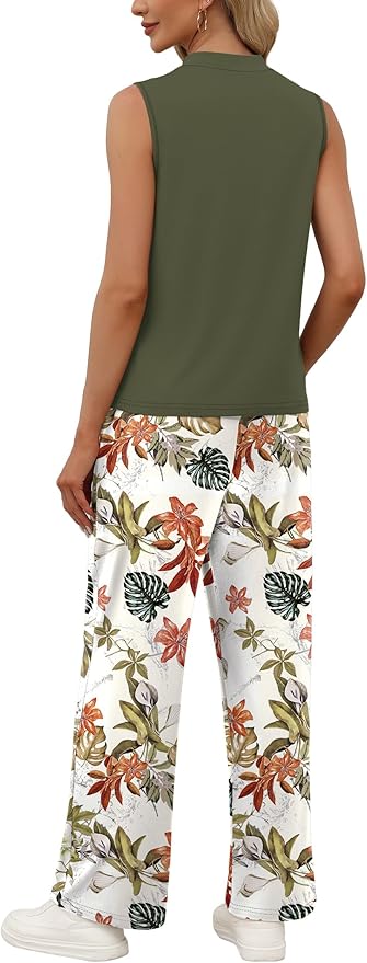 WIHOLL Two Piece Set for Women Summer Spring Outfits Cruise Travel Airport Beach Vacation Mock Neck Wide Leg Pants Set