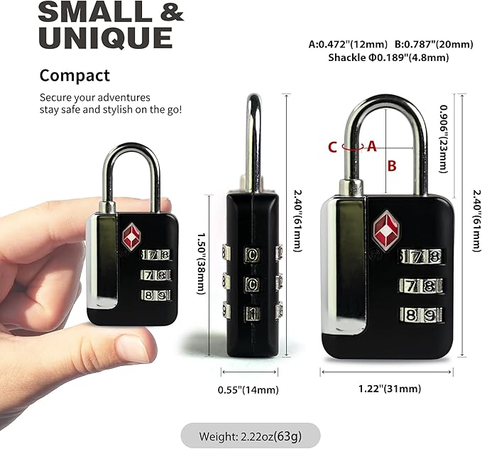 TSA Locks for Luggage, Small Combination Lock for Locker, 3 Digit Padlock Combination, TSA Approved Combo Padlocks for Gym Locker, Travel Suitcase, Gun Case, Storage Box, Backpack Zipper