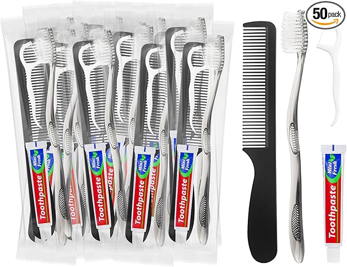 Travel Toothbrushes with Toothpaste, Disposable Toothbrushes, Hygiene Kits in Bulk with Floss Picks, Combs, Individually Packaged, Suitable for Home, Travel, and Hotels (50-Pack)