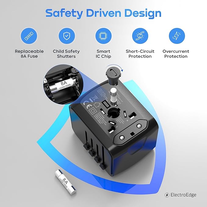 Universal Travel Adapter with 3USBA + 1USBC Port, All-in-1 Worldwide Travel Adapter | European to UK Plug Adaptor | International Travel Plug Adapter for US/EU/AUS/UK