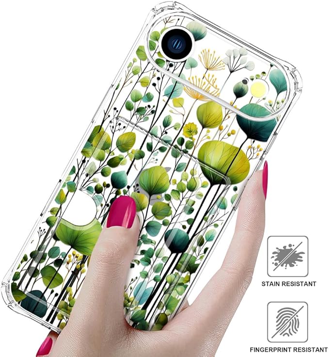 Compatible with iPhone 17 Air Case Card Holder for Women Cute Design,Wallet Phone Cases Transparent Cool Kawaii Protective (Clear Green Flower Leaves Buds)