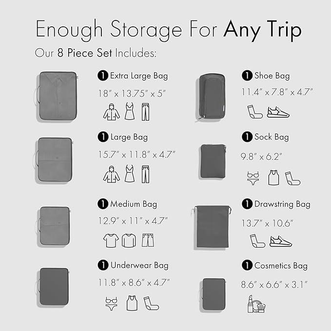 (Not Made In China) Packing Cubes For Travel, Luggage and Suitcase Organizer Bags, Carry On and Backpack Space Savers, Lightweight Waterproof Nylon, 8pc Set, Pewter