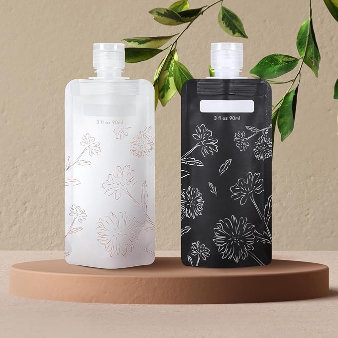 PACKISM 24 Pack Travel Pouches for Toiletries - 3 oz Leak Proof TSA Approved Liquid Containers, Squeeze Bags for Shampoo Lotion, Space Saving Refillable Carriers, Black Beige Chamomile
