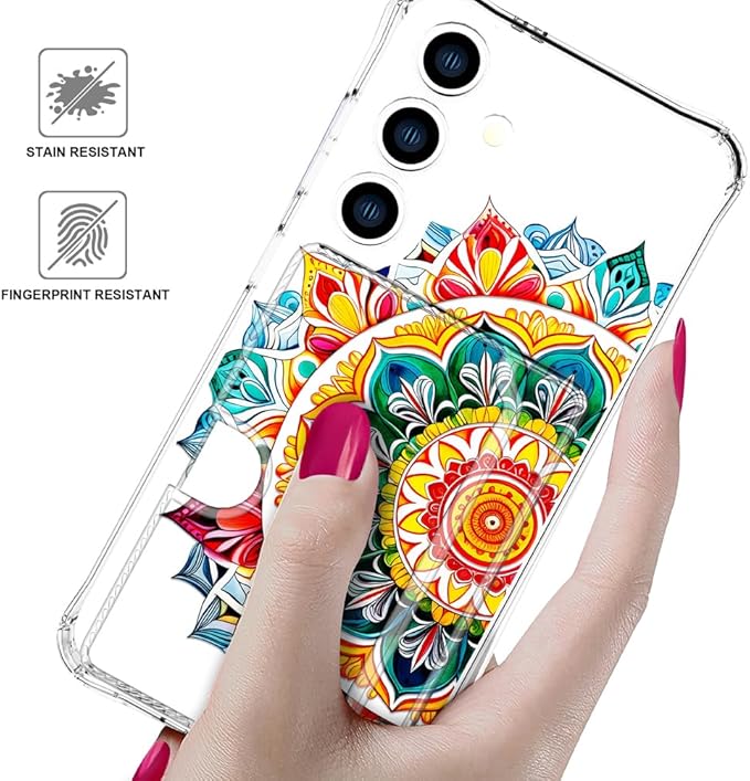 Compatible with Samsung Galaxy S24+ Plus / S25+ Plus Case Card Holder for Women Cute Design,Wallet Phone Cases Transparent Cool Kawaii Protective (Clear Mandala Henna Flower)
