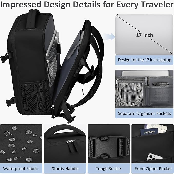 Tenot Large Travel Backpack Personal Item Size for Women Men TSA Approved Waterproof 17 Inch Laptop Backpack College Business Work Weekender Hiking Travel Essentials Backpack Black
