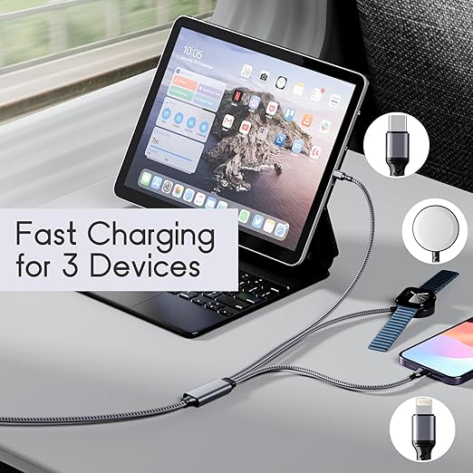 3-in-1 USB C Travel Charging Cable for Apple Watch, iPhone, Lightning Devices, Multi Device Charger Cord for Office, Camping