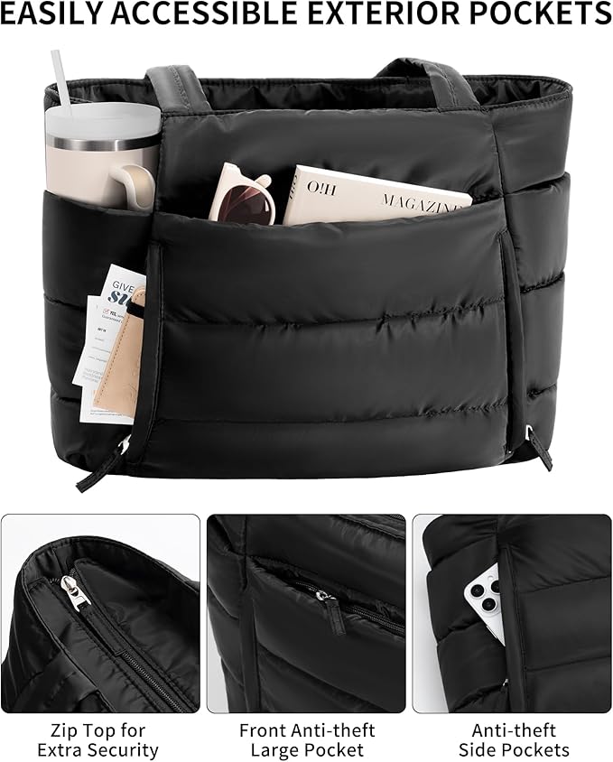 Bagstellar Puffer Tote Bag for Women, Lightweight Puffy Work Handbag Teacher Nurse Quilted Shoulder Bag for School Travel Gym | Cloud Bag w/ Zipper, Daily College Bags, 15.6" Computer Bag, Clinical Nursing Bag, 40 OZ Tumbler Holder, Ideal Gift for Women