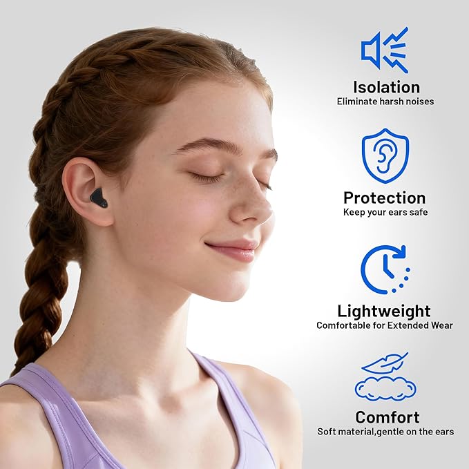 Ear Plugs for Sleeping 32dB Noise Reduction EarPlugs for Noise Cancelling & Sleep, Reusable Travel, Work, Focus & Concert, Ultra Soft with 4 Pairs of Ear Tips & a Portable Case (Black, One Size)