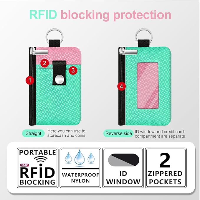 Minimalist RFID Blocking Small Wallet with ID Window,WaterResistant Zip Id Case Wallet with Lanyard Keychain for Cards,Cash,Travel,Women,Men (Mint Green/Pink)