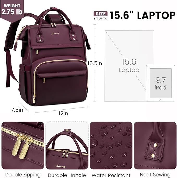 LOVEVOOK Leather Laptop Backpack for Women 15.6 inch, Travel Purse with USB Port, Wine Red