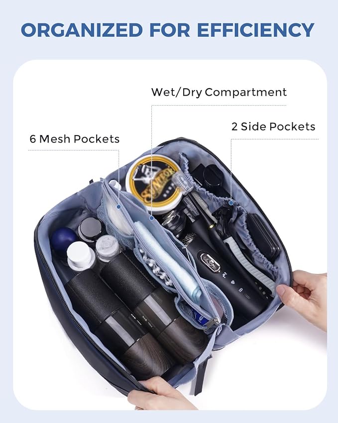 WANDF Toiletry Bag for Men, PU Leather Dopp Kit with Detachable Waterproof Hanging Pouch and Wet Pocket (Navy Blue)