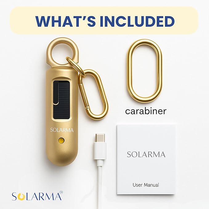 Solarma by HerTime2 | Solar Powered Personal Alarm for Women | Extra Loud Dual Siren + LED | Solar + USB-C Rechargeable | Ideal Gift for College Travel Running Realtors | Self Defense Safety Alarm
